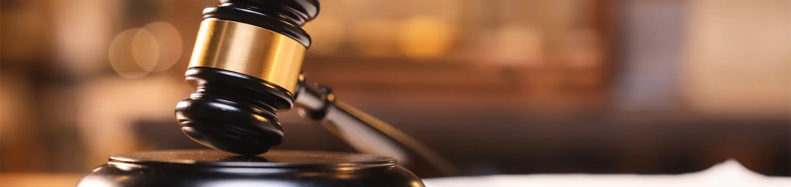 Close-up of judge’s gavel and head.